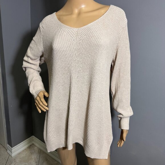 Old Navy Beige Ribbed Knit Sweater 🤎 Relaxed Fit ~ Soft Neutral Pullover - Picture 1 of 4